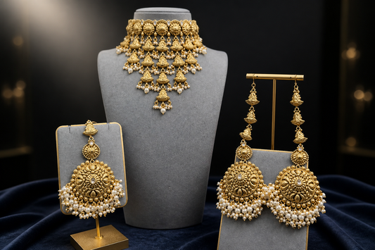 Gold Temple Bridal Choker Set with Pearl Jhumka Earrings with Ear-cuff