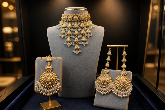 Gold Temple Bridal Choker Set with Pearl Jhumka Earrings with Ear-cuff