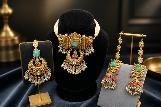 Gold-Plated Choker Set with Jhumka Earrings with Ear-cuff