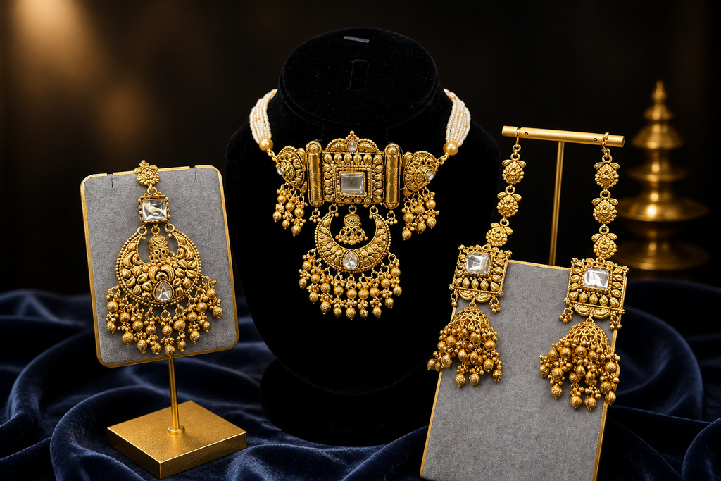Gold-Plated Choker Set with Jhumka Earrings with Ear-cuff