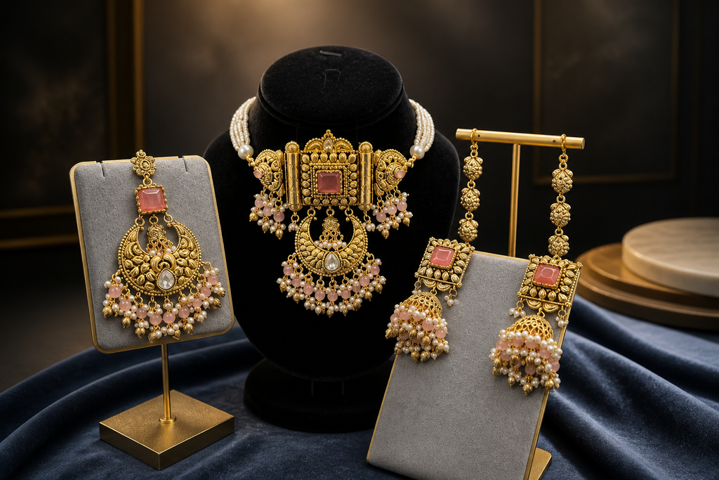 Gold-Plated Choker Set with Jhumka Earrings with Ear-cuff
