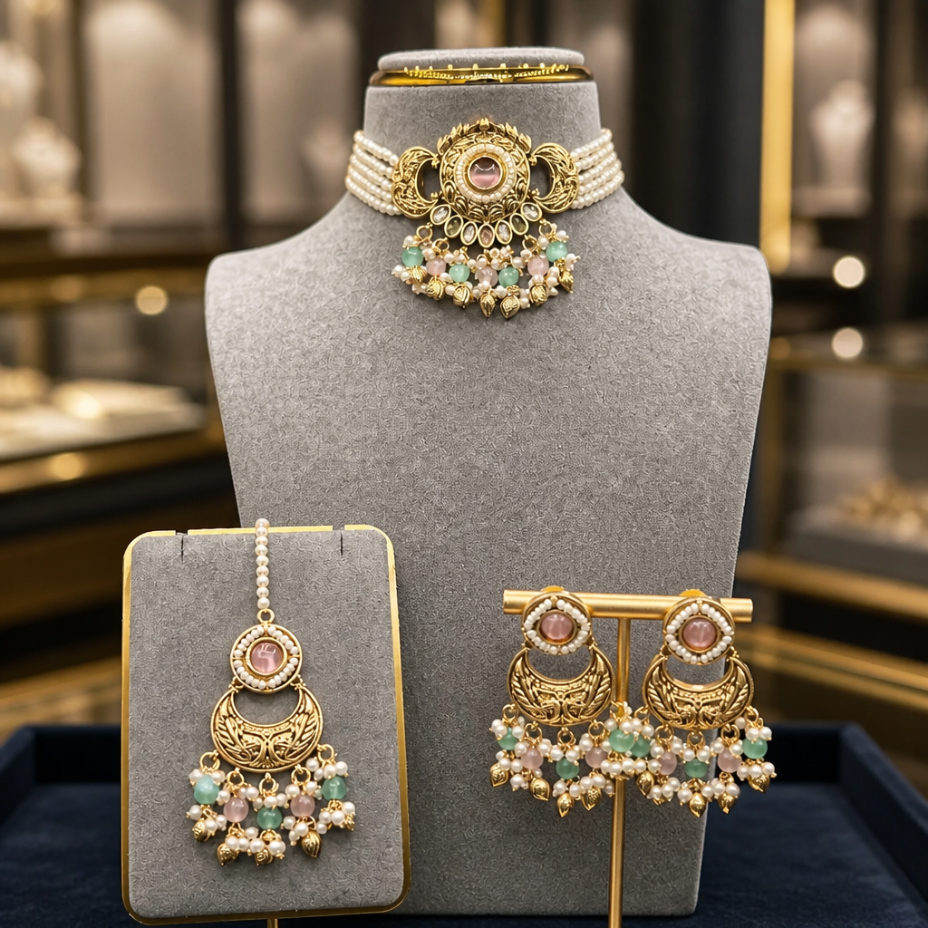 Antique Gold Peacock Pearl Choker Set