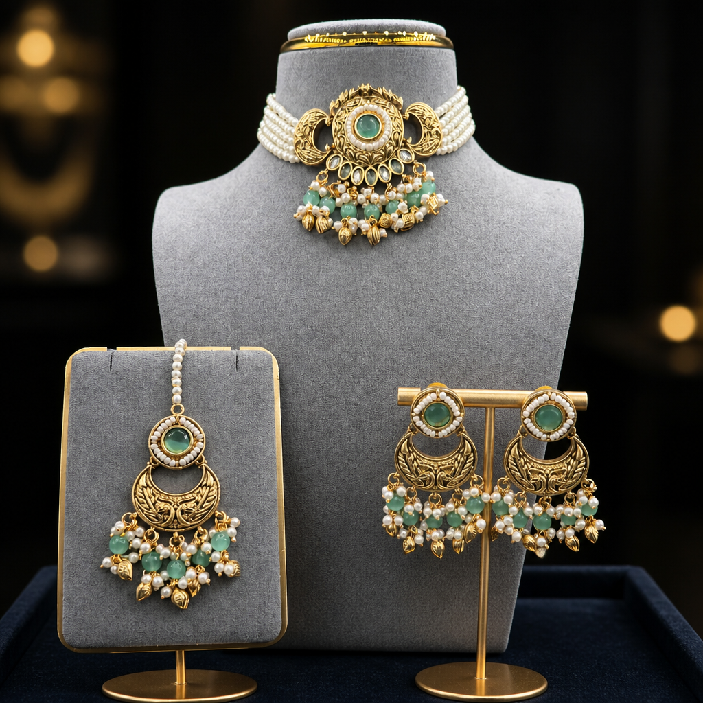 Antique Gold Peacock Pearl Choker Set
