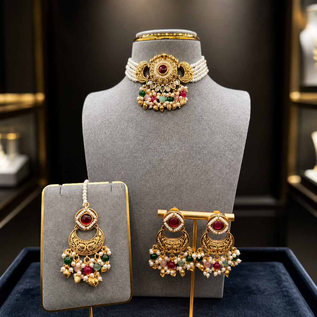 Antique Gold Peacock Pearl Choker Set