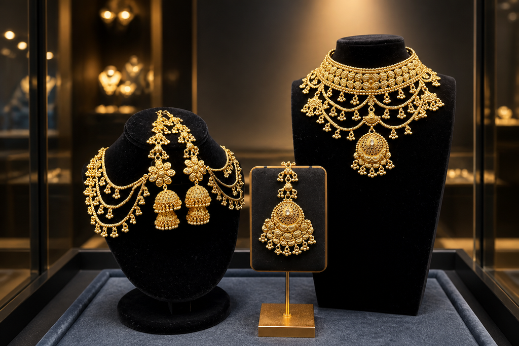 Royal Gold Layered Necklace Set with Jhumka Earrings with Ear-cuff and Ear Chain