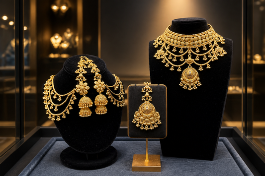 Royal Gold Layered Necklace Set with Jhumka Earrings with Ear-cuff and Ear Chain