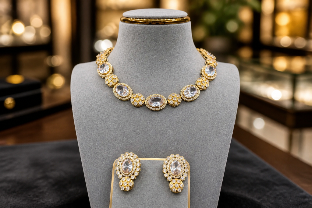 Gold-Tone Oval Crystal Statement Necklace Set