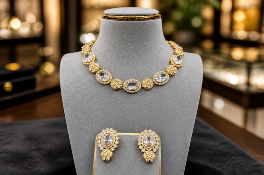 Gold-Tone Oval Crystal Statement Necklace Set