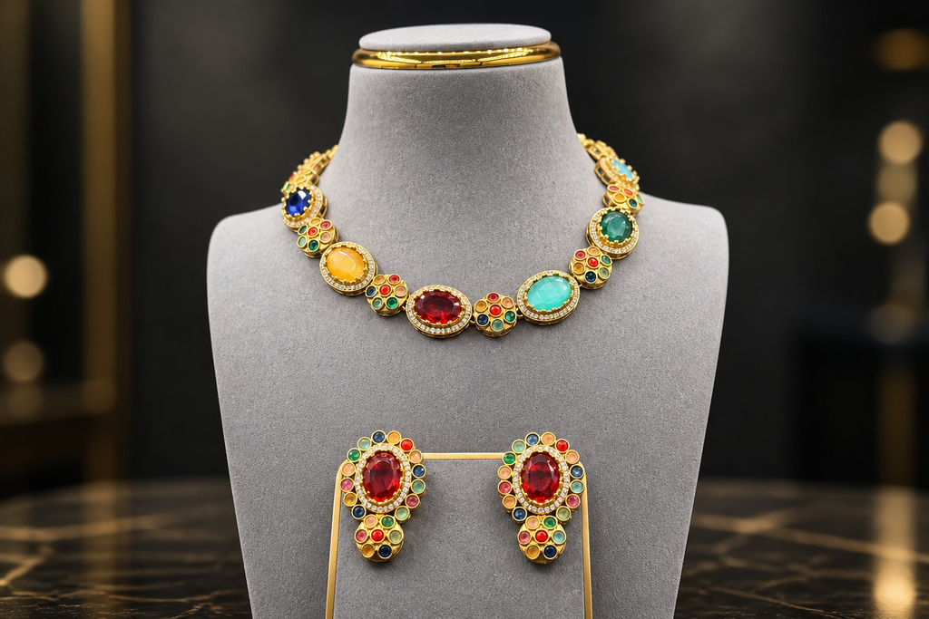 Gold-Tone Oval Crystal Statement Necklace Set