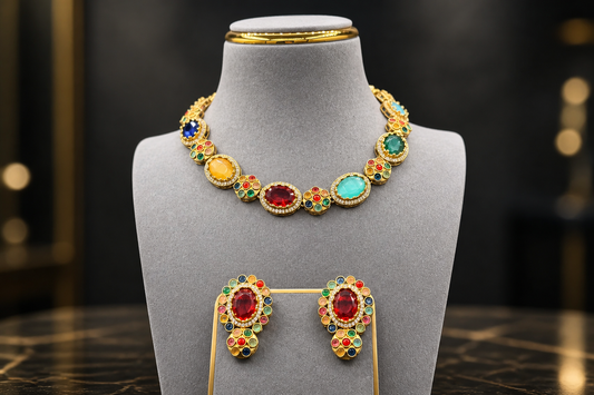 Gold-Tone Oval Crystal Statement Necklace Set